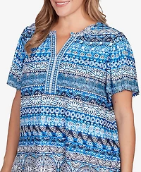 Ruby Rd. Plus Motif Stripe Embroidered Puff Print Top