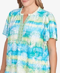 Ruby Rd. Plus Batik Embroidered Tie Dye Puff Print Top