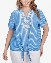 Ruby Rd. Plus Yarn Dye Stripe Embellished Tie Front Top