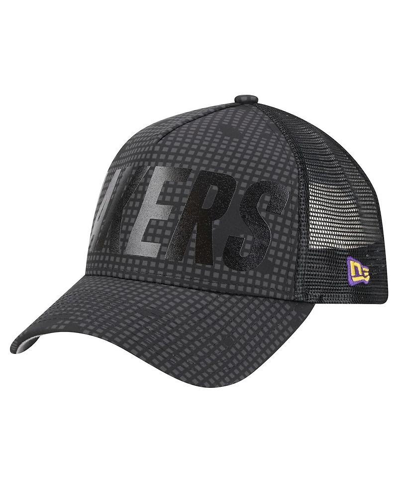 New Era Men's Black Los Angeles Lakers Midnight Ink Tonal A-Frame Trucker 9FORTY Adjustable Hat