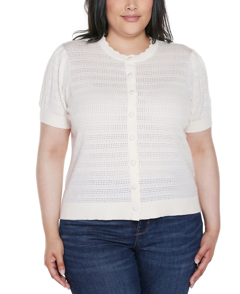 Belldini Plus Pointelle Scalloped-Placket Cardigan Sweater