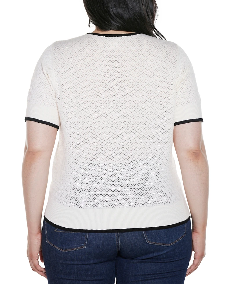 Belldini Plus Bow Detail Pointelle Short Sleeve Sweater
