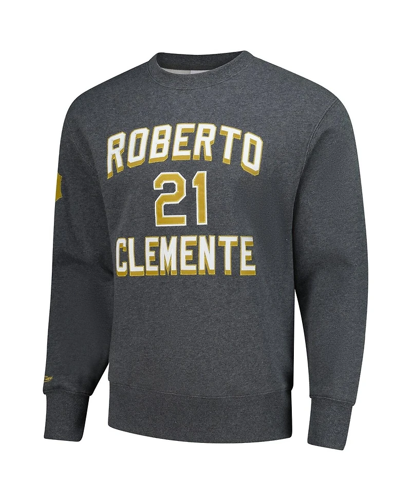 Mitchell & Ness Men's Roberto Clemente Heather Charcoal Pittsburgh Pirates Legends Collection Vintage Logo Name Number Fleece Pullover Sweatshirt