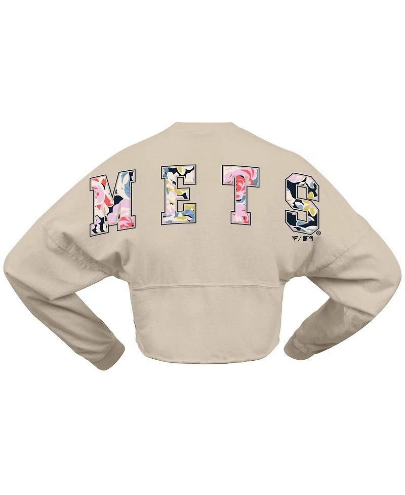 Fanatics Women's Cream New York Mets Floral Preppy Cropped Long Sleeve T-Shirt