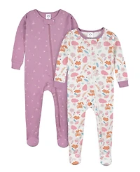 Gerber Baby Girls 4-Pack Snug Fit Footed Cotton Pajamas, Apple & Woodland Floral, 9M