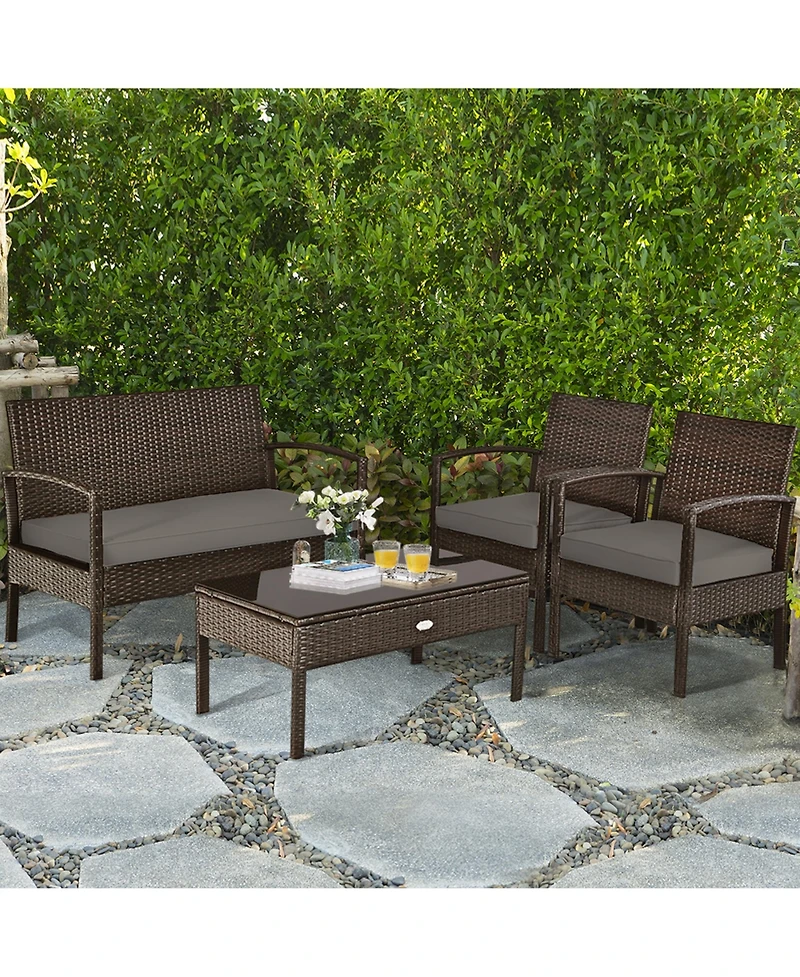 Gymax 8PCS Rattan Patio Conversation Set Outdoor Furniture Set Garden w/ Cushion