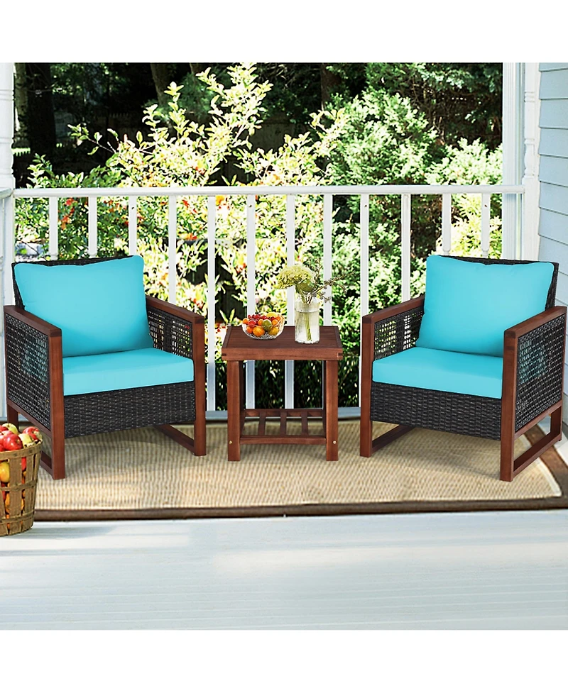 Gymax 3PCS Rattan Wicker Patio Conversation Set Outdoor Furniture Set w/ Turquoise Cushion