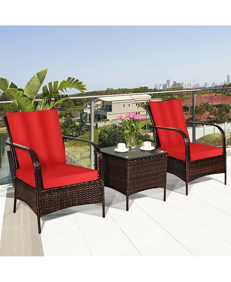 Gymax 3PCS Patio Rattan Conversation Set Outdoor Furniture Set w/ Table Cushions