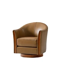 Raul Transitional Genuine Leather 360-degree Swivel Barrel Chair with Solid Wood Base and Armrest