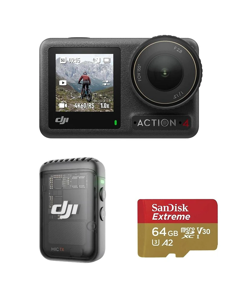 Dji Dji Osmo Action 4 4K 120fps Hdr IP68 Waterproof Action Camera Standard Combo Bundle with Mic Compact Digital Wireless Microphone 2.4 GHz System/Re
