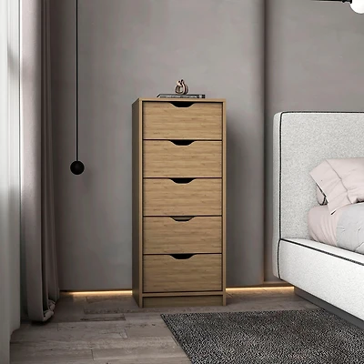 Houma 5 Drawers Narrow Dresser, Slim Storage Chest of Drawers, Natural Oak
