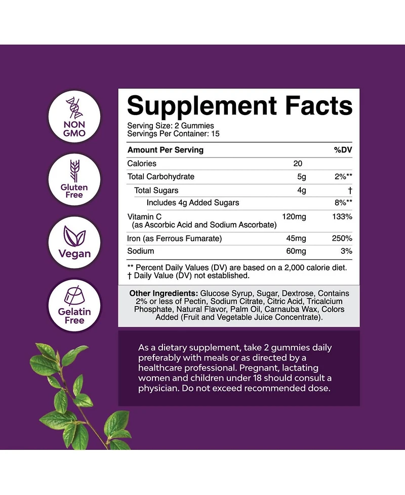 Super Iron Gummy, Chewable Iron Supplement for Women and Men with Vitamin C for Higher Absorption, Grape Flavor, Nature's Craft 30ct