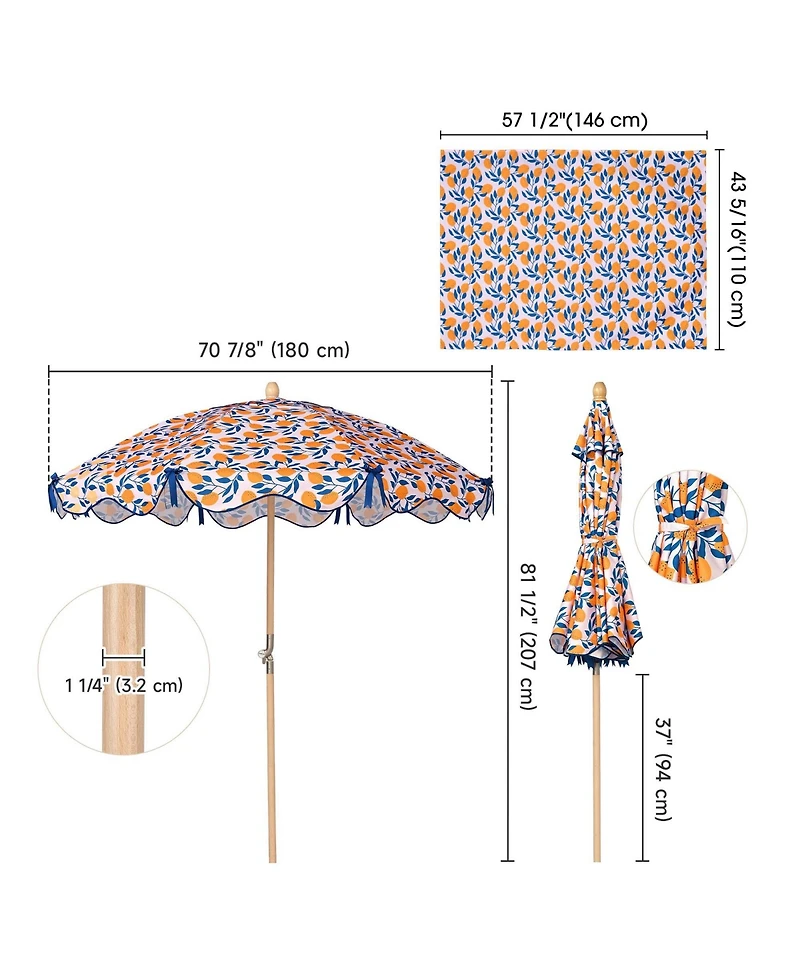 LAGarden Our Beach Umbrella for 6ft Beech Wood Pole w/ Tablecloth Printed Lemon Tree for Outdoor Garden Summer Event Planning Small Patio Balcony