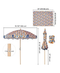 LAGarden Our Beach Umbrella for 6ft Beech Wood Pole w/ Tablecloth Printed Lemon Tree for Outdoor Garden Summer Event Planning Small Patio Balcony