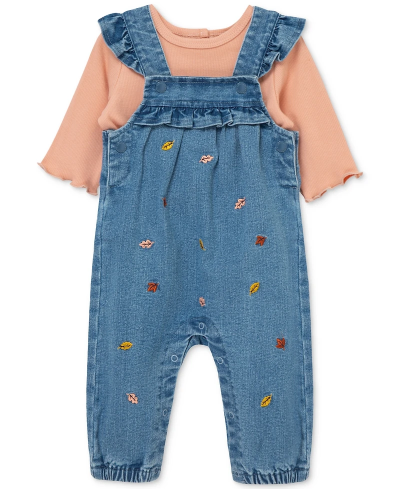 Little Me Baby Girls Leaves Woven Denim Overall & Top Set