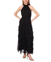 1.state Women's Smocked Cascade-Ruffle Halter Maxi Dress