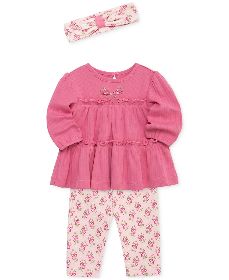Little Me Baby Girls Cotton Bellflower Headband, Tiered Tunic & Leggings, 3 Piece Set