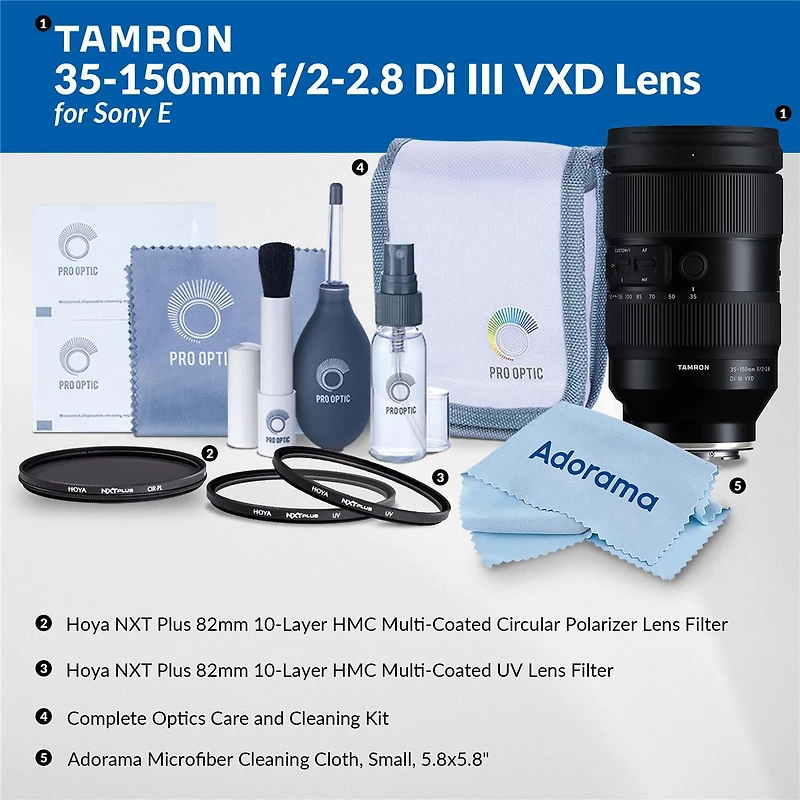 Tamron 35-150mm f/2-2.8 Di Iii Vxd Lens for Sony E Bundle with Hoya 82mm Uv and Cpl Filters, Cleaning Kit, Cleaning Cloth