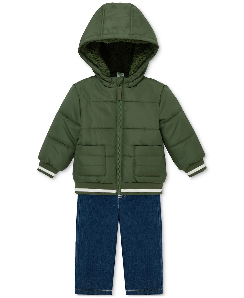 Little Me Baby Boys Hooded Jacket, Striped T-Shirt & Denim Pants, 3 Piece Set