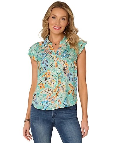 Democracy Petite Floral-Print Double-Flutter Blouse