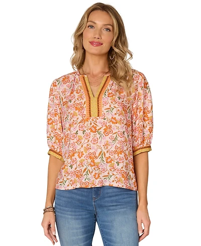 Democracy Petite Printed Notch-Neck Elbow-Sleeve Top