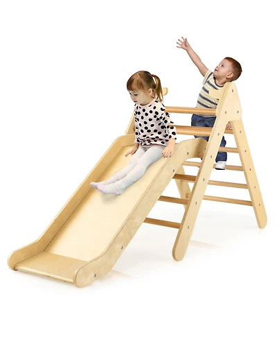 2-in-1 Wooden Triangle Climber Set with Gradient Adjustable Slide