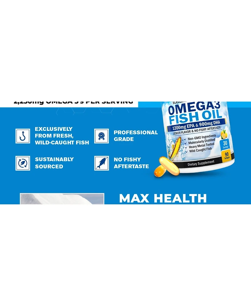 Omega 3 Fish Oil Supplement - 1200mg Epa and 900mg Dha Fatty Acid Per Serving from Wild Caught Fish - Supports Joint, Eyes, Brain & Skin Health