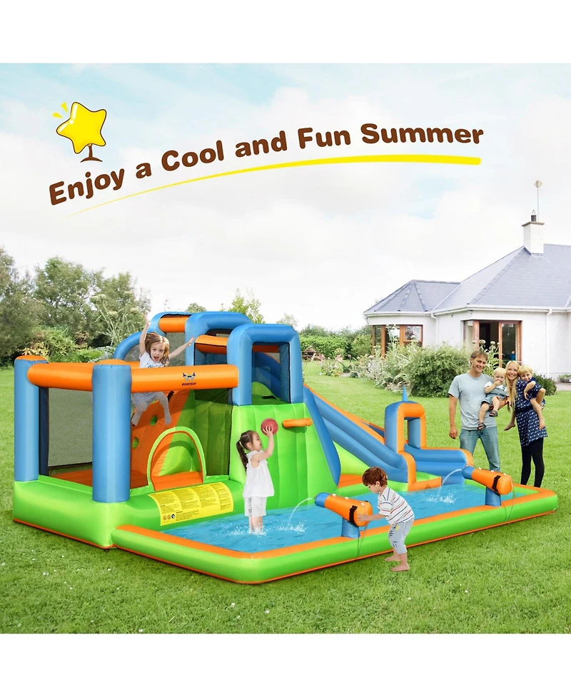 7-in-1 Inflatable Giant Water Park Bouncer with Dual Climbing Walls and 735W Blower