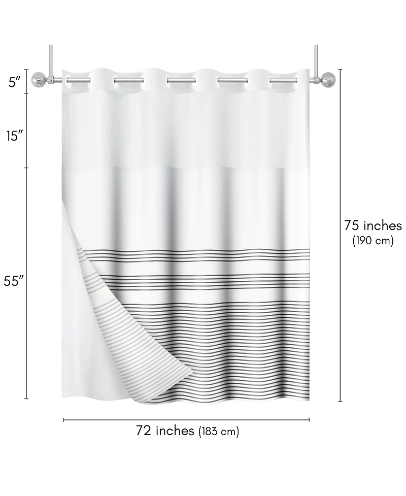 Americanflat 72x75 Hookless Shower Curtain - Grey Lines Shower Curtain with Sheer Panel, Snap-In Liner, and Grommets - 100% Polyester