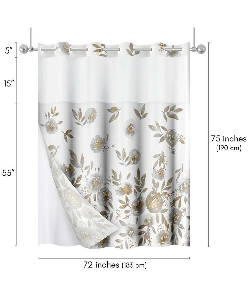 Americanflat 72x75 Hookless Shower Curtain - Floral Gold Grey Shower Curtain with Sheer Panel, Snap-In Liner, and Grommets - 100% Polyester