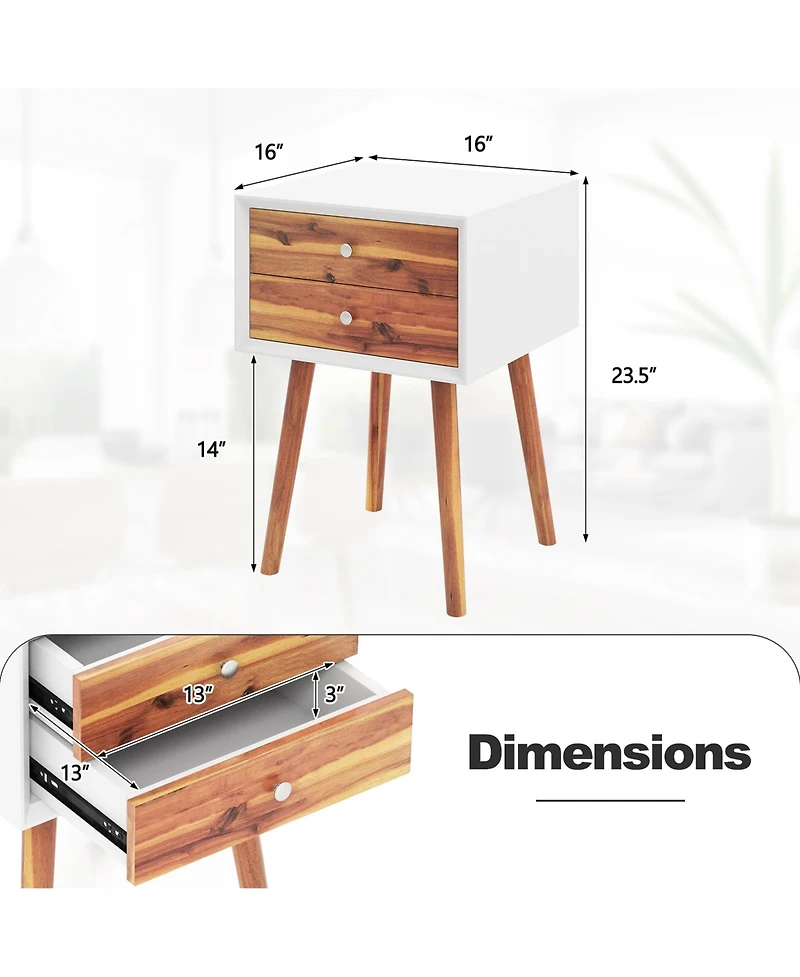 Gymax 2PCS Wooden Nightstand Mid-Century End Side Table W/2 Storage Drawers