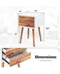 Gymax 2PCS Wooden Nightstand Mid-Century End Side Table W/2 Storage Drawers