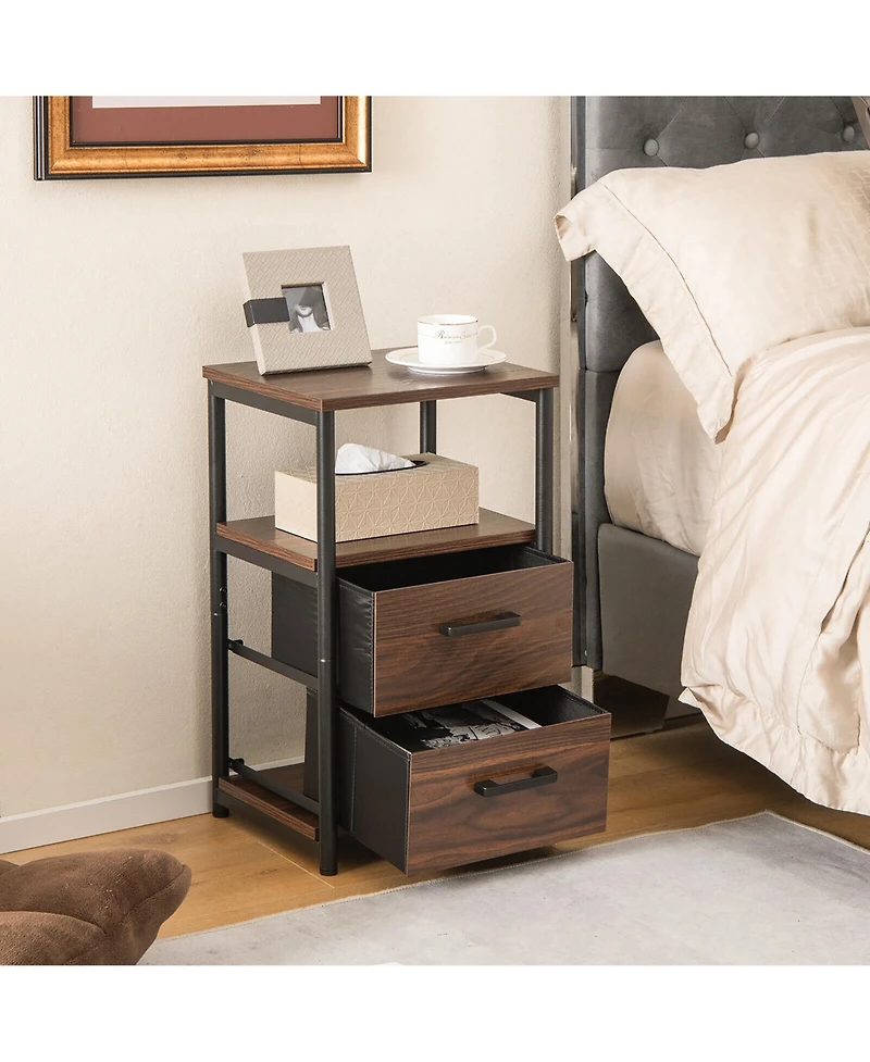 Gymax Nightstand Bedside End Table with 2 Fabric Drawers Storage Shelf for living room