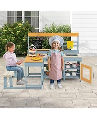 Fir Wood Play Kitchen with Kids Picnic Table and Built-in Bench