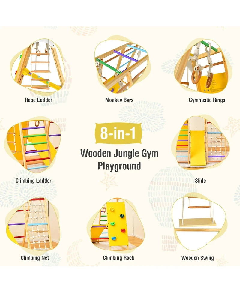 8-in-1 Wooden Jungle Gym Playset with Slide and Monkey Bars