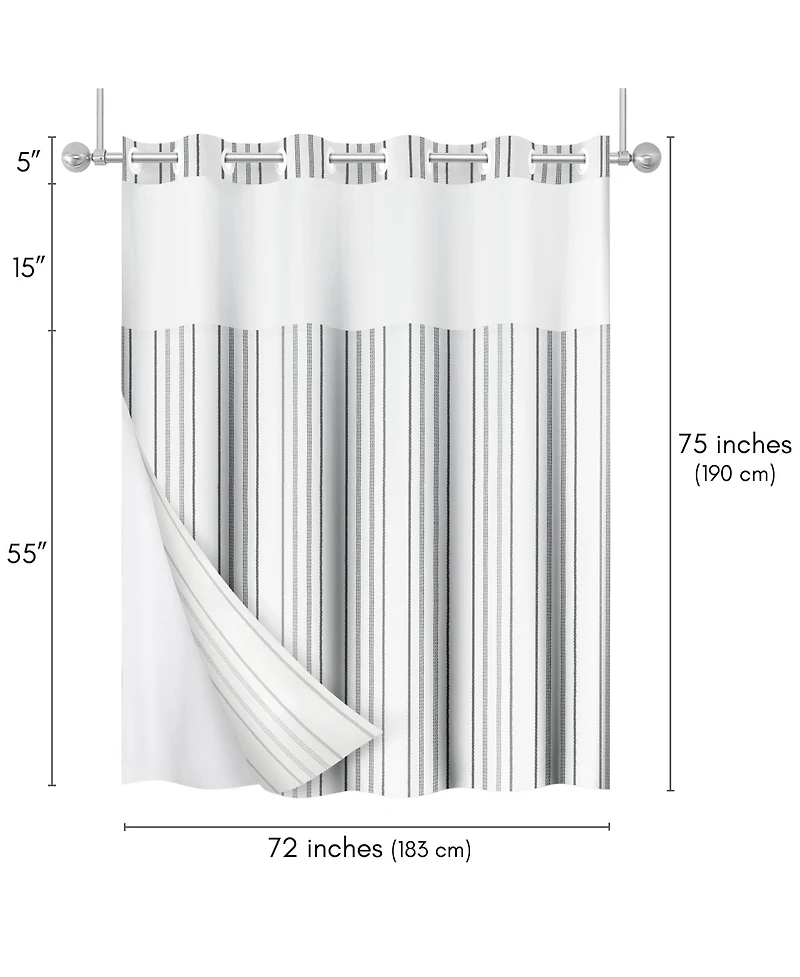 Americanflat 72x75 Hookless Shower Curtain - Grey Abstract Lines Shower Curtain with Sheer Panel, Snap-In Liner, and Grommets