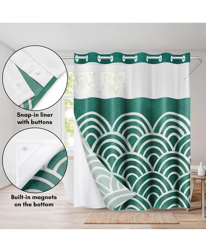 Americanflat 72x75 Hookless Shower Curtain - Abstract Green White Shower Curtain with Sheer Panel, Snap-In Liner, and Grommets - 100% Polyester