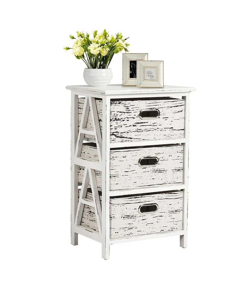 Gymax Chest w/3 Fabric Drawers Vintage Wood Frame End Table Side Sofa Table Nightstand