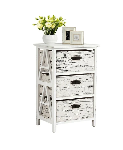 Gymax Chest w/3 Fabric Drawers Vintage Wood Frame End Table Side Sofa Table Nightstand