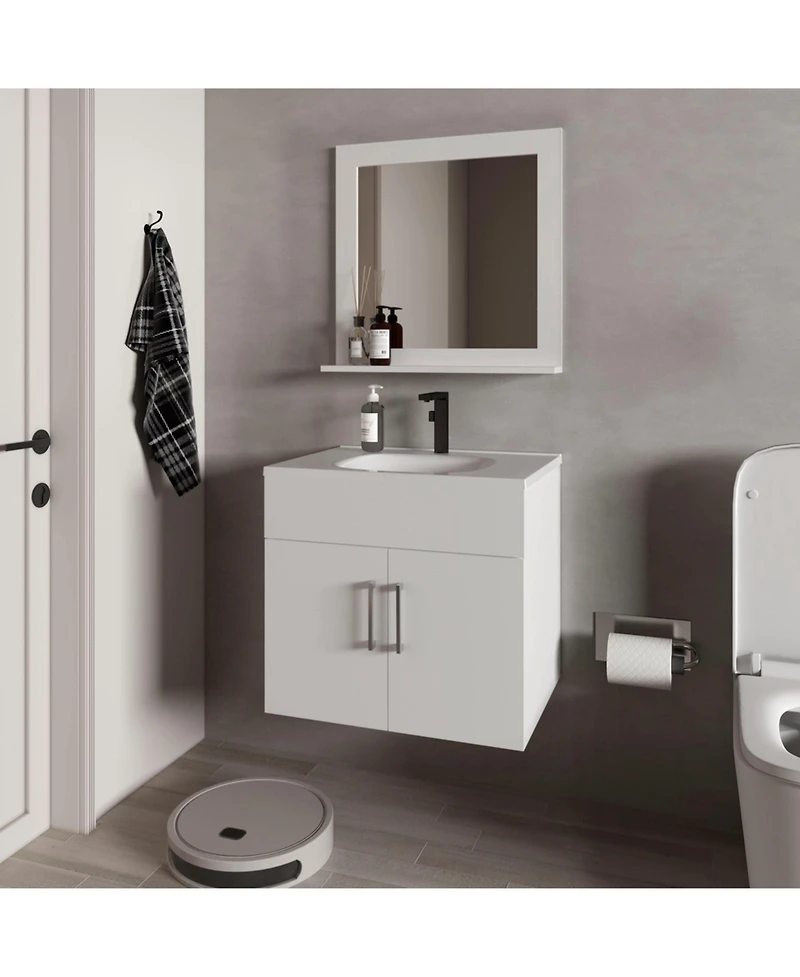 Slater Floating Bathroom Vanity Set with Sink, Two-Door Cabinet, and Mirror,White