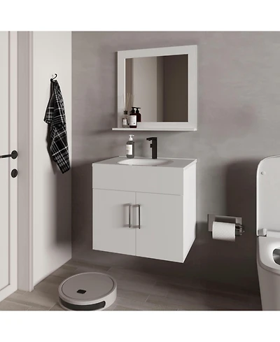 Slater Floating Bathroom Vanity Set with Sink, Two-Door Cabinet, and Mirror,White