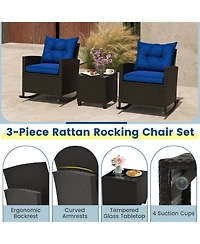 3-Piece Patio Rattan Roker Chairs with Tempered Glass Table and Soft Cushions