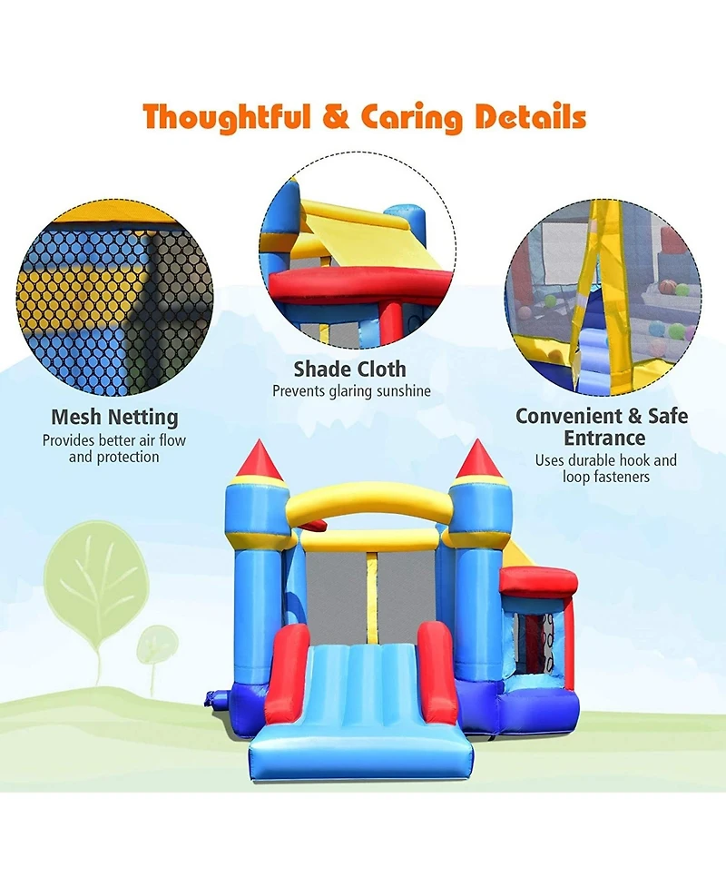 Castle Slide Inflatable Bounce House with Ball Pit and Basketball Hoop