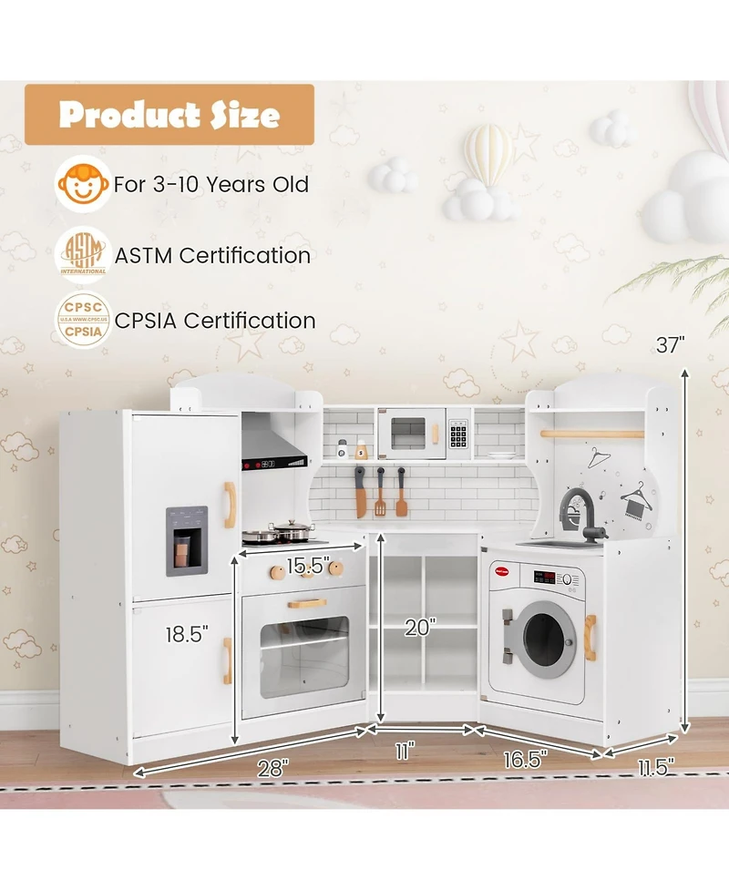 Corner Kids Play Kitchen with Washing Machine and Ice Maker Gift for Boys Girls