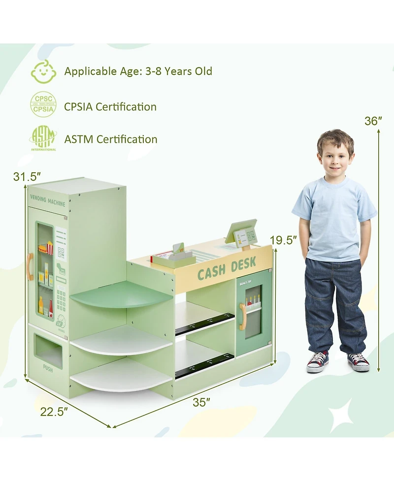 Kids Wooden Supermarket Play Toy Set with Checkout Counter