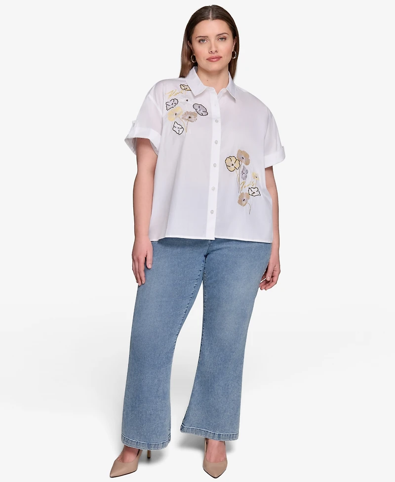 Karl Lagerfeld Paris Plus Cotton Floral-Detail Roll-Tab Shirt