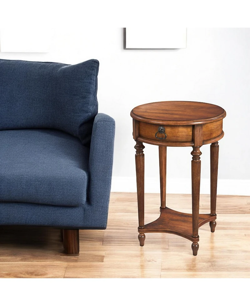 Solid and Manufactured Wood Round End Table with Drawer and Shelf for Stylish Storage