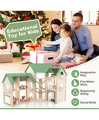 Wooden Corner Dollhouse Playset with 6 Rooms and 36 Pieces for Kids 3+ Years Old
