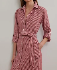 Lauren Ralph Women's Striped Linen Roll-Tab-Sleeve Shirtdress
