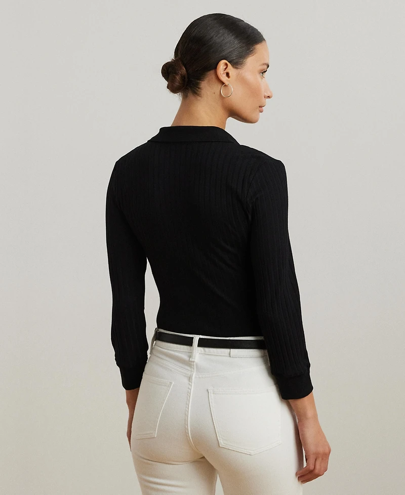 Lauren Ralph Women's Rib-Knit Three-Quarter-Sleeve Polo Shirt